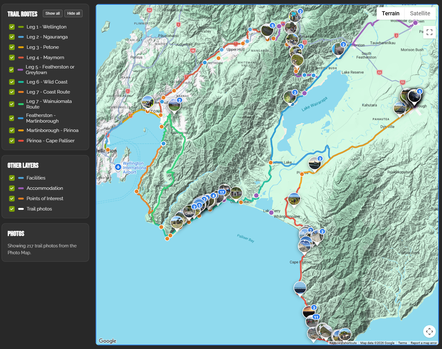 Map of the Remutaka Cycle Trail from Petone to Orongorongo showing trail sections and key stops