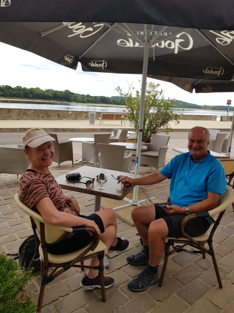 Pam and Joe Howells at a restaurant in France